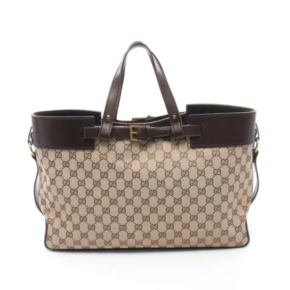 Gucci GG Canvas Tote Bag Leather Beige Cream Brown